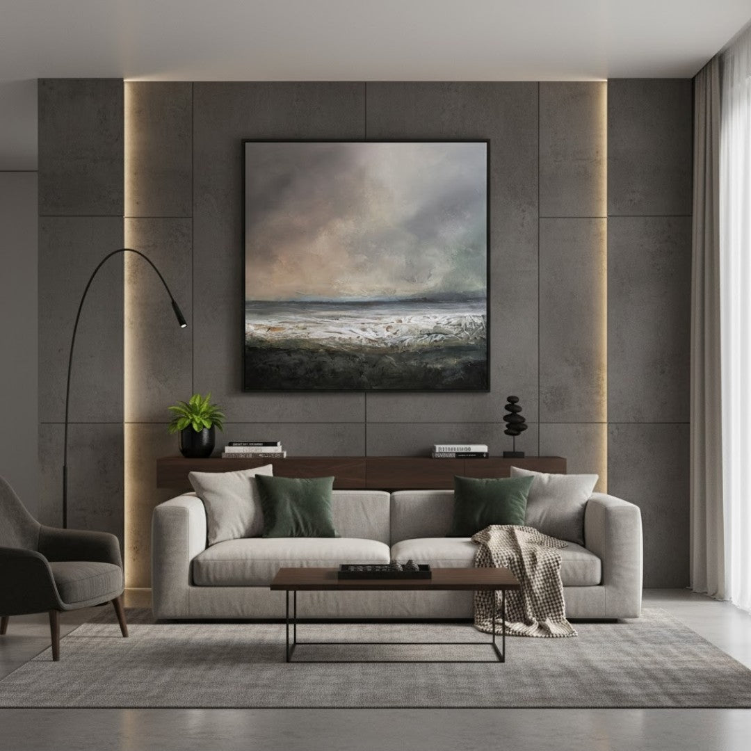 Abstraktes Mixed Media Gemälde "Kwade Hoek 2" von Sabine Hoch-Himmighofen, expressive Meereslandschaft mit Struktur und dunklen Tönen, 60x60 cm.