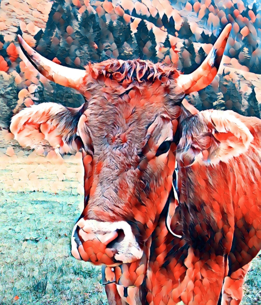 Das Bild zeigt eine Nahaufnahme einer braunen Kuh vor einem verschwommenen Hintergrund. Die Kuh hat große Hörner und ein Glocke um den Hals. Ihr Fell ist in verschiedenen Rottönen gehalten und wirkt fast wie ein Mosaik aus kleinen, unregelmäßigen Formen. Der Hintergrund lässt erahnen, dass sich die Kuh auf einer Weide mit grünen Grasflecken befindet. Im Hintergrund sind verschwommene Formen zu erkennen, die an Bäume erinnern könnten.