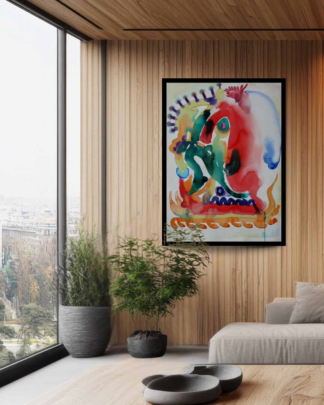 Abstraktes Aquarellgemälde 'Fresh Wind_1002' von Amos Plaut. Bunte, ineinanderfließende Farben und Formen, darunter Rot, Grün, Gelb und Blau, auf hellem Büttenpapier. Teil der Serie 'EARTH's crust'.