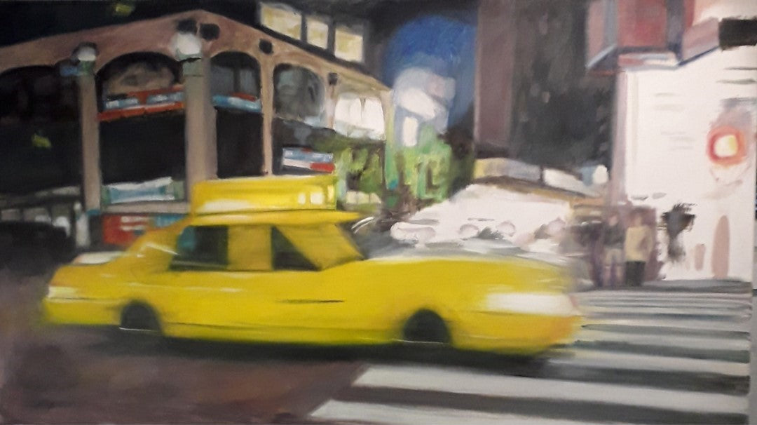 Ein abstraktes Ölgemälde auf Leinwand von Anke Dinkelbach, das ein New Yorker Taxi in leuchtenden Farben darstellt. Die dynamische Komposition fängt die Energie und den Trubel der Großstadt ein. Bei ARTSPACER.
