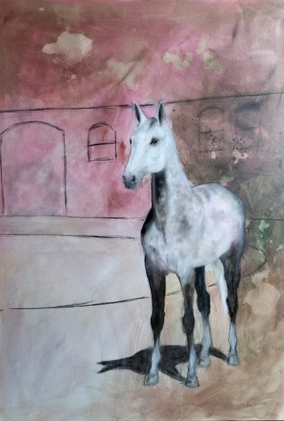 Pferd auf dem Reitplatz - Gemälde von Anke Dinkelbach
Dieses atmosphärische Gemälde zeigt ein hellgraues Pferd auf einem Reitplatz. Die Künstlerin Anke Dinkelbach fängt die ruhige Stimmung und die Eleganz des Tieres in Pastelltönen ein. Erhältlich bei ARTSPACER.