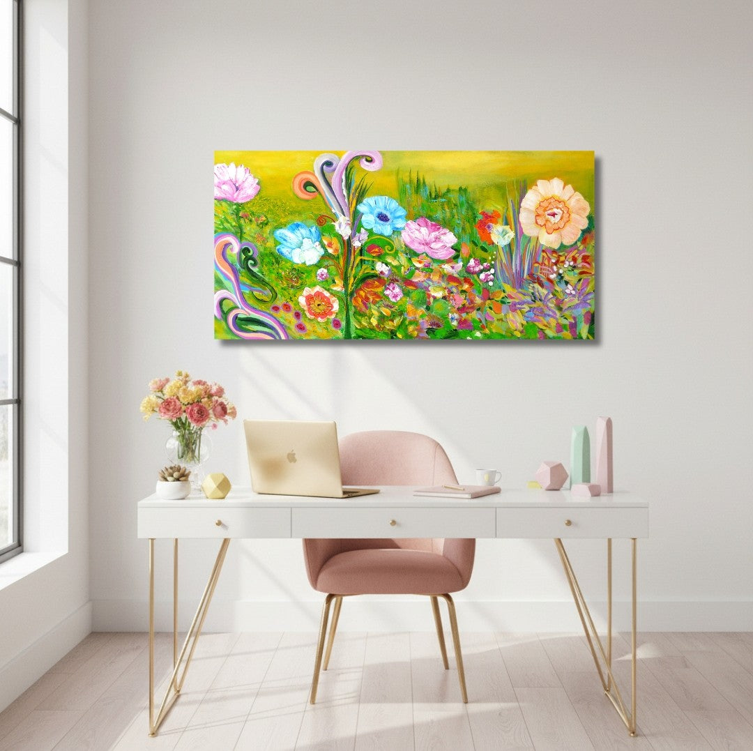 Farbenfrohes Acrylgemälde mit floralen, impressionistischen Blütenformen und dekorativen Schwüngen; Werk ‚Die Wiederentdeckung des Paradieses‘ von Dr. Blanka Mandel.