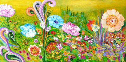 Farbenfrohes Acrylgemälde mit floralen, impressionistischen Blütenformen und dekorativen Schwüngen; Werk ‚Die Wiederentdeckung des Paradieses‘ von Dr. Blanka Mandel.