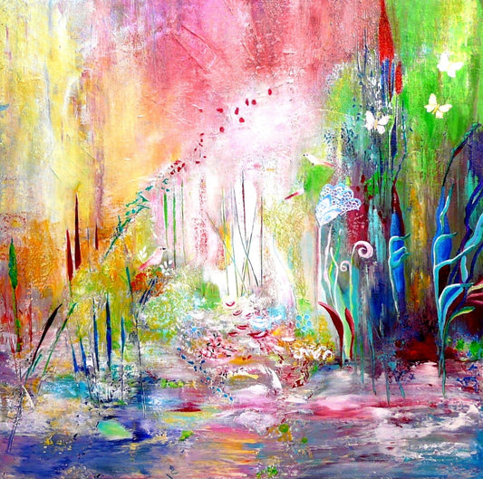 Abstraktes, farbleuchtendes Mischtechnik‑Gemälde mit Acryl und zarten Materialstrukturen auf Leinwand; Werk ‚Ein Glücksmoment‘ von Dr. Blanka Mandel, ARTSPACER.