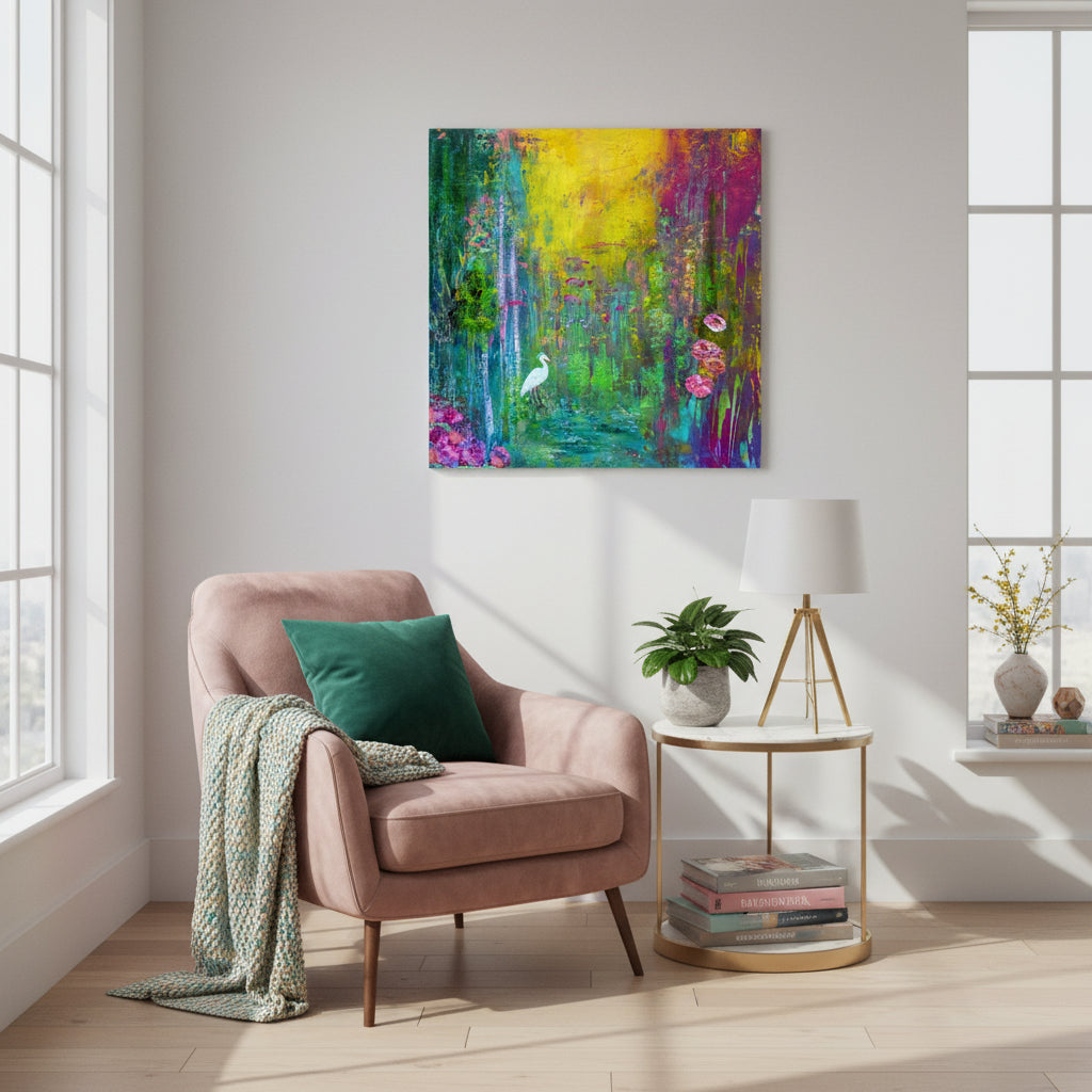Acrylgemälde mit kräftigen, gespachtelten Farbschichten in Grün‑, Blau‑ und Lichttönen; Werk ‚Erneuerung‘ von Dr. Blanka Mandel.