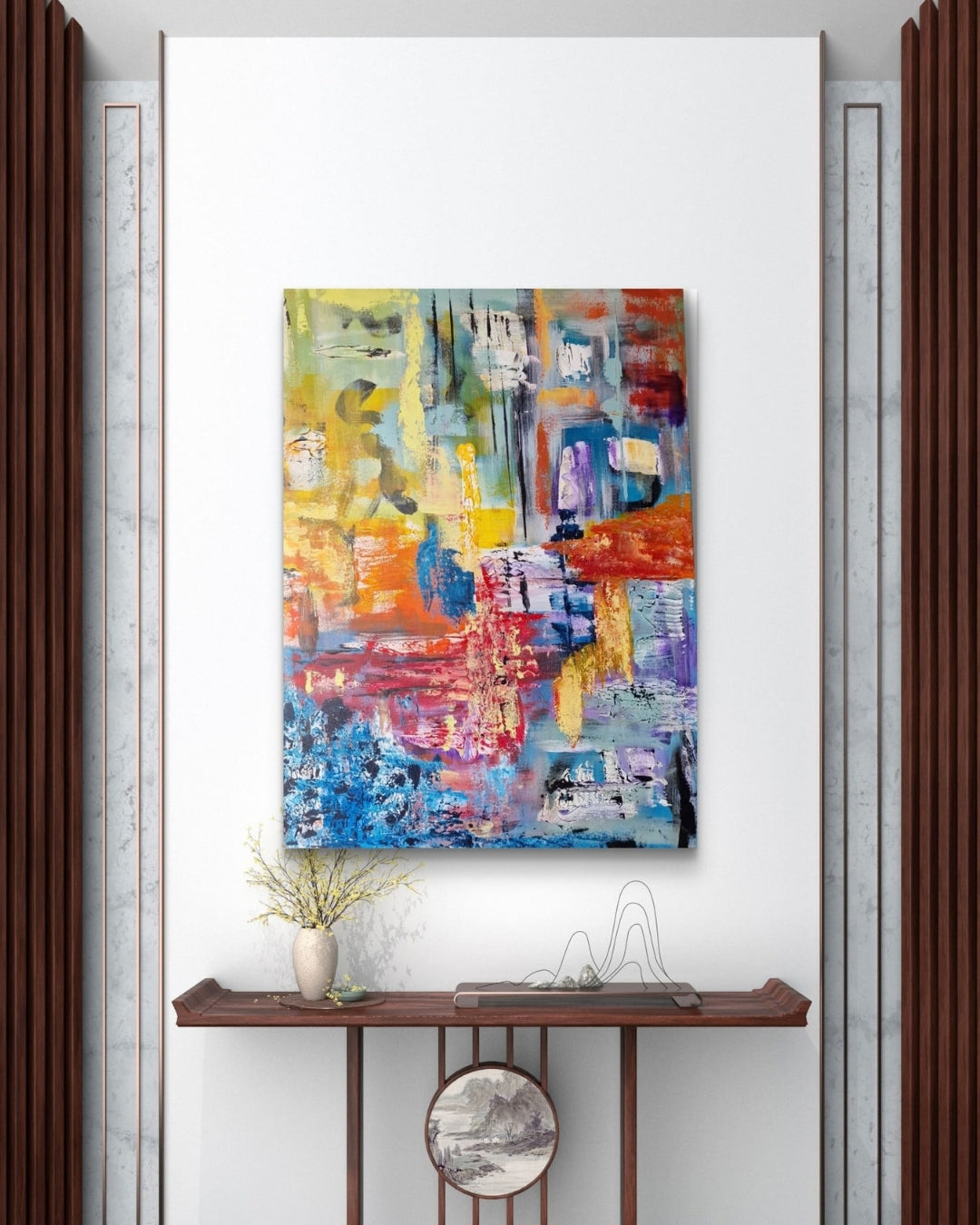 Abstrakte Acrylmalerei „Farbrausch“ von BUCCODESIGN mit mehrschichtigen Spachtelflächen in Blau, Türkis, Gelb, Orange, Rot und Violett sowie schwarzen Linien.