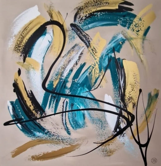 Quadratische Acrylmalerei „Goldschwung“ von BUCCODESIGN mit dynamischen Pinselzügen in Petrol, Gold, Weiß und Schwarz auf sandfarbenem Grund.