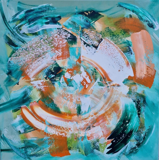 Abstrakte Acrylmalerei „Lebenswirbel“ von BUCCODESIGN mit kreisender Bewegung in Türkis, Orange, Apricot, Weiß, Limette und Petrol.