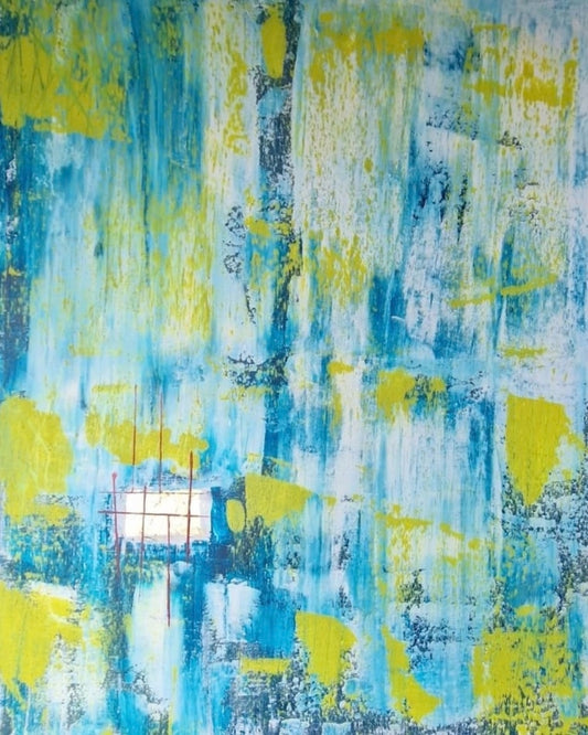 Abstrakte Acrylmalerei „Lichtfenster“ von BUCCODESIGN mit vertikalen Strukturen in Türkis, Himmelblau, Limettengelb, Weiß und Rot.