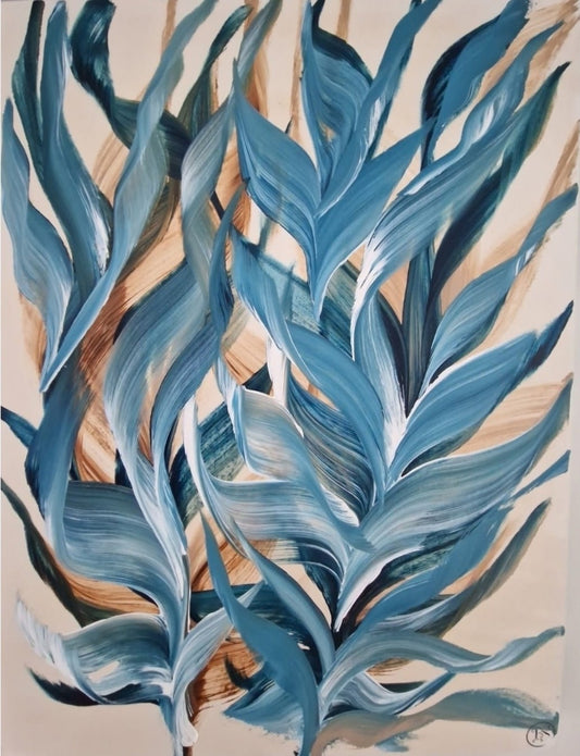 Hochformatige Acrylmalerei „Sommerwind“ von BUCCODESIGN mit zwei geschwungenen Pflanzen in Petrol, Blau, Karamell, Sand und Weiß.