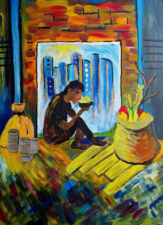 Gemälde "Armut" von Carina Teufel. Eine Person sitzt auf dem Boden, scheinbar in einem offenen Raum oder einer Nische, isst aus einer Schale, während im Hintergrund stilisierte Gebäude vor einem blauen Himmel zu sehen sind. Auf dem Boden liegen angedeutete Münzen und ein Sack, umgeben von kräftigen, texturierten Farben.