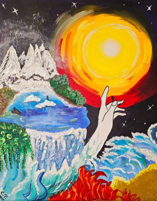 Gemälde "Klimawandel" von Carina Teufel. Eine eindringliche Szene mit Gletschern, die ins Meer stürzen, Flammen am unteren Bildrand und einer großen, schützenden Hand, die über das Wasser ragt, während eine helle Sonne über dunklem Himmel leuchtet und die Dringlichkeit des Themas betont.