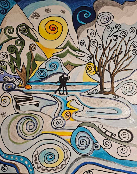 Gemälde "Love on Ice" von Carina Teufel. Eine winterliche Landschaft mit stilisierten Bäumen und Bergen, auf einer Eisfläche tanzen zwei Silhouetten. Der Himmel ist in sanften Gelb- und Blautönen gehalten, und der gesamte Bildraum ist von geschwungenen, spiralförmigen Mustern durchzogen, die Bewegung und Romantik einfangen.