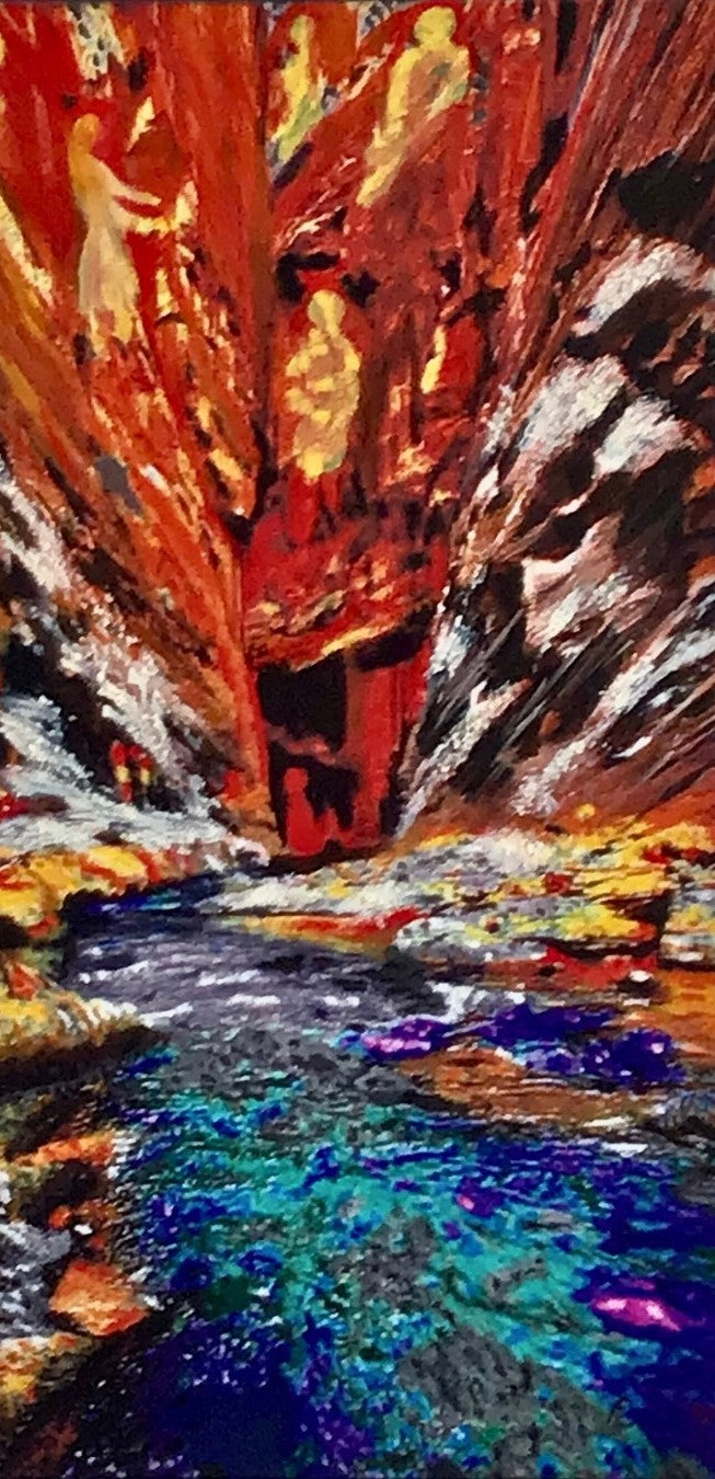 in abstraktes Gemälde in Mixed Media auf Leinwand von Claudia Altemeier mit dem Titel "Geisterklamm". Das Bild zeigt eine mystische Landschaft in warmen Farben mit dynamischen Strukturen.