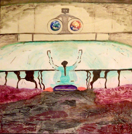 Quadratische Acrylmalerei mit zentraler sitzender Figur in heller türkisfarbener Gewandung, erhobenen Armen, dunkler ovaler Form darunter und orangefarbenen Flächen am unteren Bildrand.