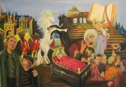 Großformatiges Ölgemälde mit mythologischer Szenerie: ein weißes Einhorn und ein schwarzes Pferd stehen aufgerichtet einander gegenüber; umgeben von Treppenarchitektur, Stadtfragmenten und mehreren menschlichen Figuren; leuchtende Rot‑, Gelb‑ und Grüntöne kontrastieren mit dunklen Flächen.