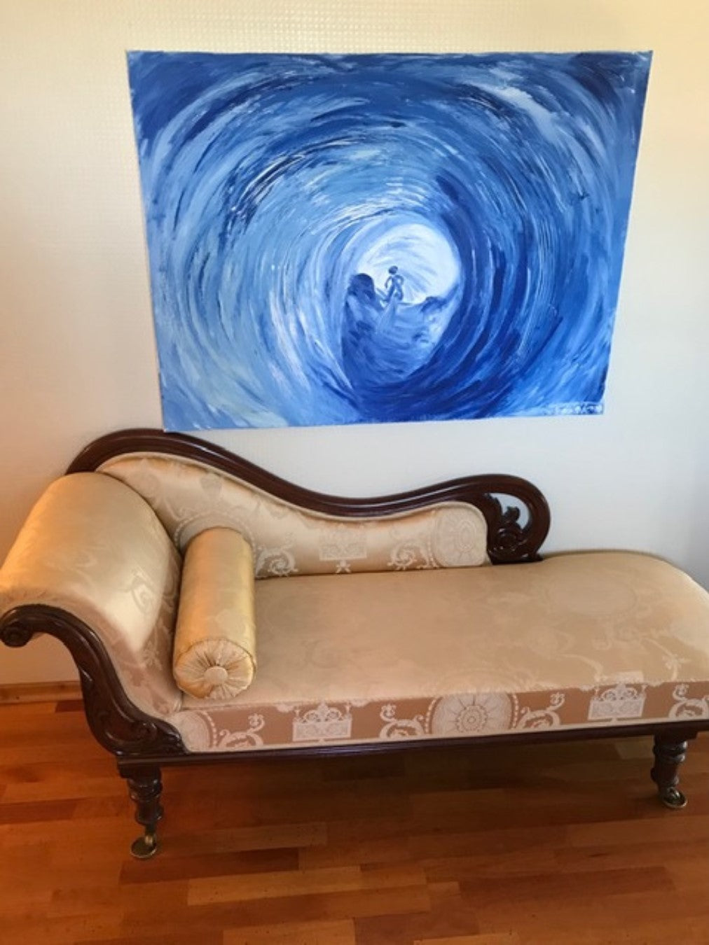 Acrylgemälde „Gletscherhöhle“ von Federica: abstrakte Komposition in Blau- und Weißtönen mit fließenden Strukturen auf Leinwand, 90 x 110 cm