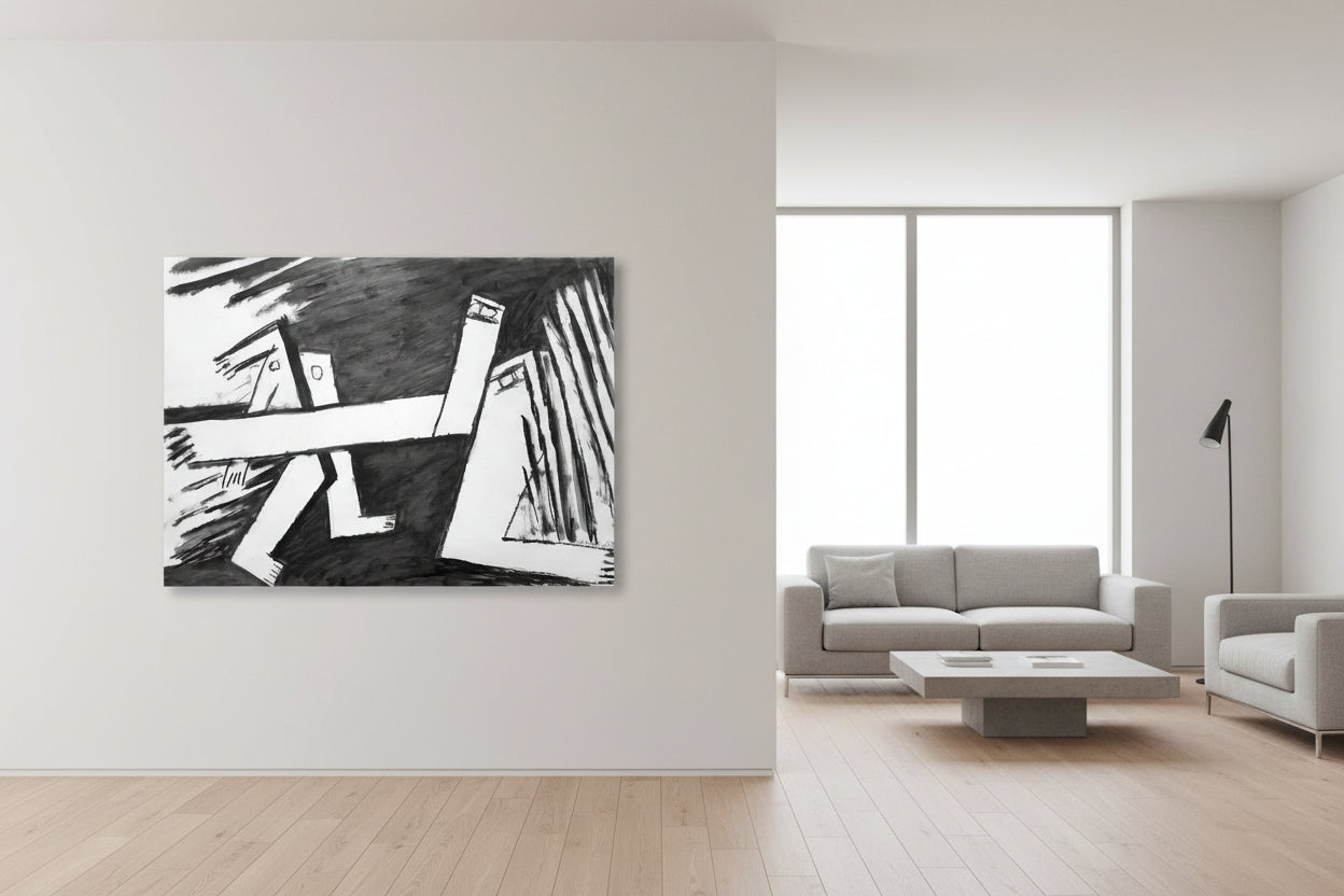 Schwarz‑Weiß‑Ölkreide „Aufmarsch II“ (2000), 85 × 90 cm, Franz Vornberger; expressives Blatt zu kollektiver Dynamik/Bedrohung.