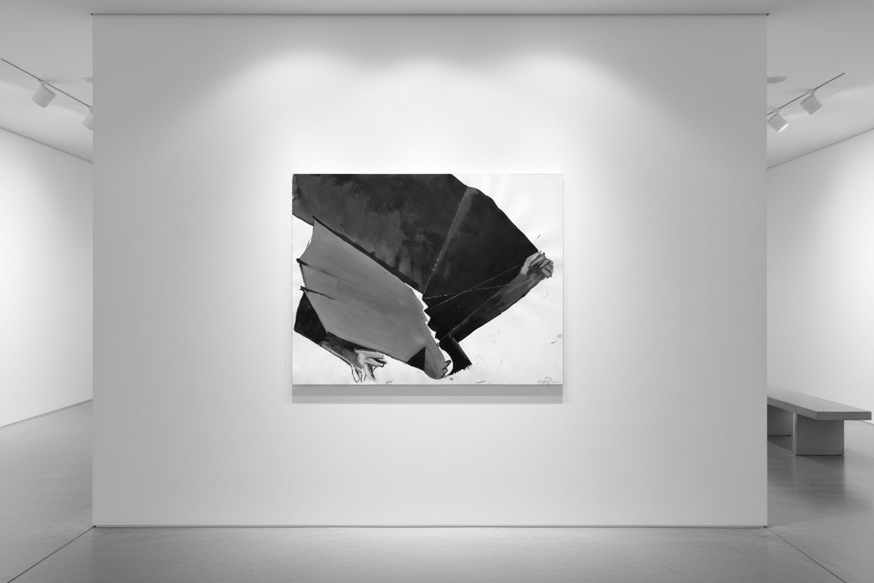 Schwarz‑Weiß‑Mischtechnik „Ikarus“ (1994), 78 × 100 cm, Franz Vornberger; Mythos als Metapher für Eskalation und Fall.