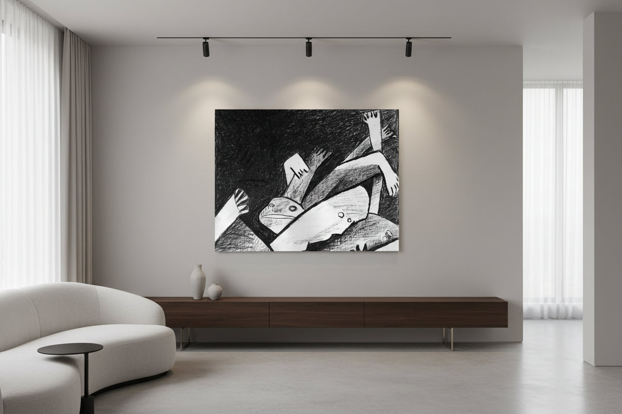 Schwarz‑Weiß‑Ölkreide „Inferno“ (1999), 65 × 78 cm, Franz Vornberger; abstrahierte, konflikthafte Verdichtung