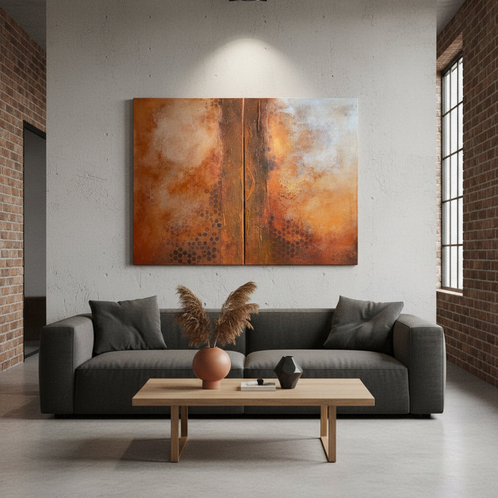 Abstraktes zweiteiliges Mixed-Media-Diptychon in erdigen Rost-, Braun-, Beige- und Ockertönen mit strukturierter Oberfläche, dunklen wabenartigen Mustern und einem markanten vertikalen Bruch in der Bildmitte.