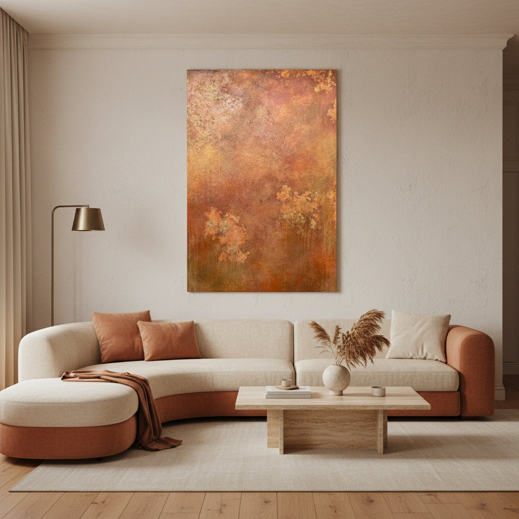 Abstraktes Mixed-Media-Gemälde in erdigen Ocker-, Rost-, Braun- und Goldtönen mit strukturierter Oberfläche, ornamental wirkenden Mustern und unregelmäßigen hellen Akzenten im Hochformat.