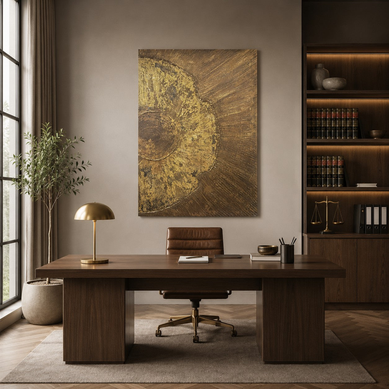 Abstraktes Mixed-Media-Gemälde im Hochformat in Gold-, Braun- und Beigetönen mit stark strukturierter Oberfläche, halbkreisförmiger organischer Form links, konzentrischen Ringstrukturen und strahlenartig verlaufenden Linien über den Hintergrund.
