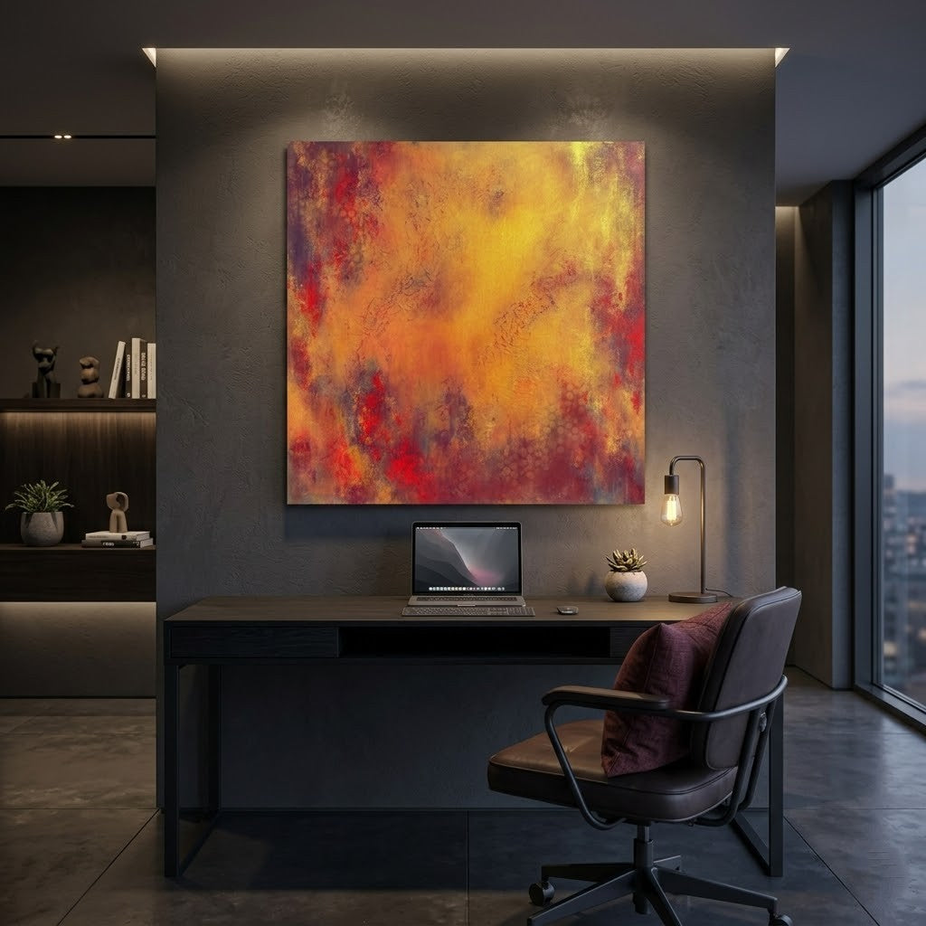 Abstraktes Acrylgemälde in warmen Gold-, Ocker-, Orange- und Rottönen mit strukturierter Oberfläche, dunkleren violett-blauen Akzenten und wabenartigen Mustern im unteren Bildbereich.