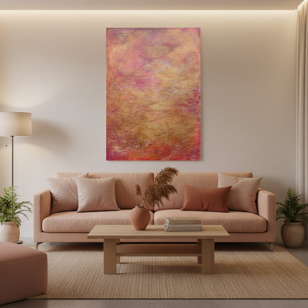 Abstraktes Mixed-Media-Gemälde in warmen Rosa-, Gold-, Apricot- und Kupfertönen mit stark strukturierter Oberfläche, feinen Kratzspuren und vielschichtigen Farbflächen im Hochformat.