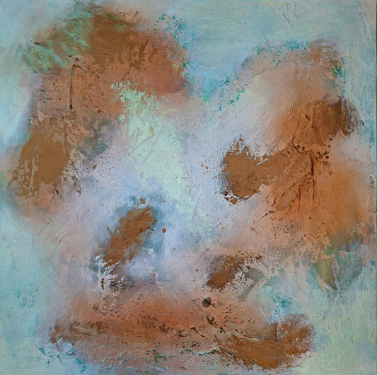 Abstraktes Mixed-Media-Werk „Kupfer Glow“ von Gabriele Uher mit kupferfarbenem Zentrum, schwarzen Linien und strukturierten Flächen in Beige und Weiß.