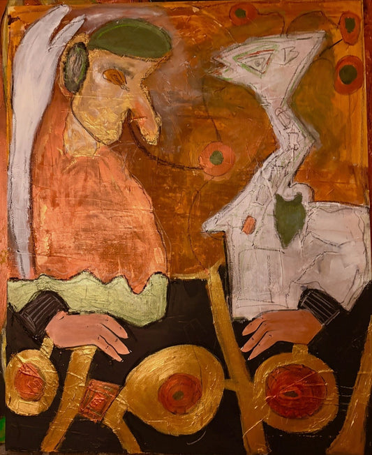 bstrakte Mixed-Media-Malerei von Heidi Minetti in warmen Gold-, Orange- und Erdtönen. Zwei stilisierte Figuren stehen sich in einer wortlosen Interaktion gegenüber, untermalt von texturierten Oberflächen und symbolischen Formen.