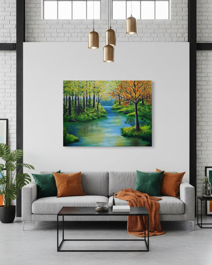 Gemälde "Herbstphantasie" von Lisa Tahar. Öl auf Leinwand, 60x80 cm. Zeigt eine herbstliche Waldlandschaft mit einem Flusslauf und leuchtenden Farben.