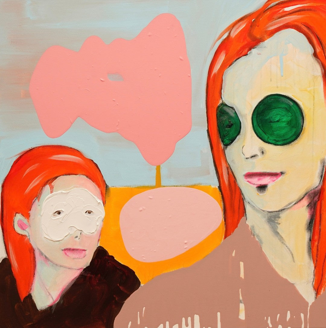 Figurative Mischtechnik „Did You Do Your Pink Already?“ von Herwig Maria Stark mit zwei abstrahierten Gesichtern in Rosa, Rot, Grau und Ocker.