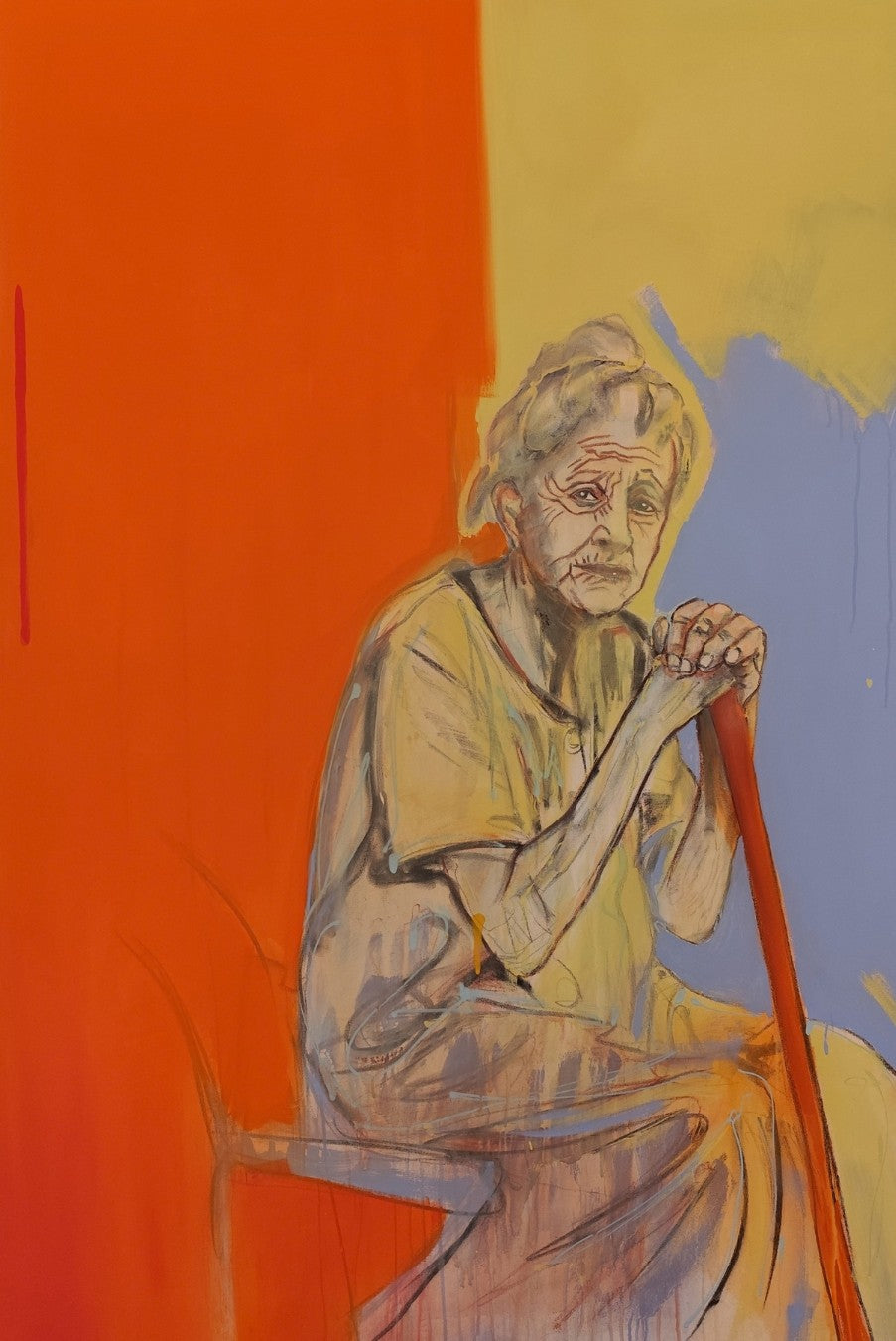 Figuratives Porträt „In the End“ von Herwig Maria Stark mit einer sitzenden Person vor einer zweigeteilten Fläche in Orange und Beige.