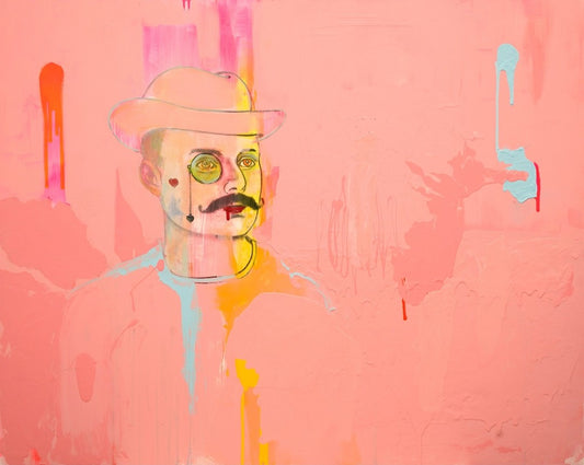 Figurative Mischtechnik „My Boy Lollipop – The Game of Life“ von Herwig Maria Stark mit abstrahierter Person vor rosafarbenem Hintergrund.