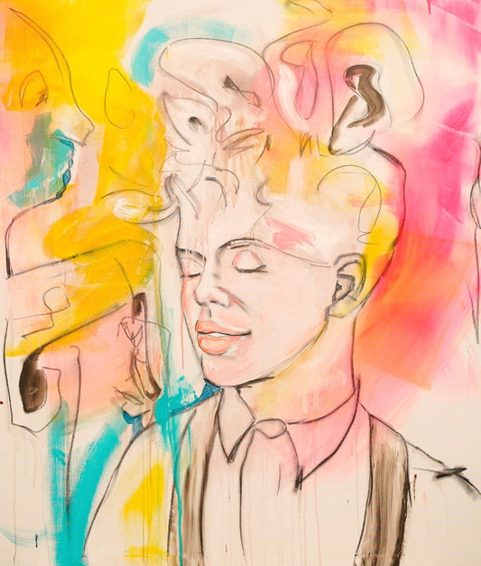 Expressives Porträt „Self Confidence“ von Herwig Maria Stark mit überlagerten Gesichtern und Farbflächen in Pink, Gelb, Türkis, Weiß und Schwarz.