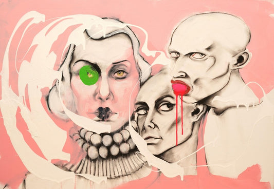 Figurative Mischtechnik „The Sin II“ von Herwig Maria Stark mit drei abstrahierten Gesichtern, schwarzen Kohlelinien und Akzenten in Grün und Rot auf Rosa.