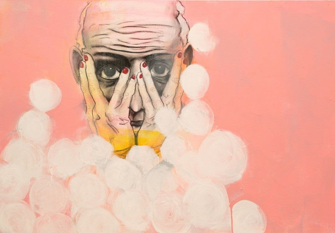 Expressives Porträt „The W“ von Herwig Maria Stark mit markanten Kohlelinien, schwarzen und gelben Akzenten sowie hellen Kreisformen auf Rosa.