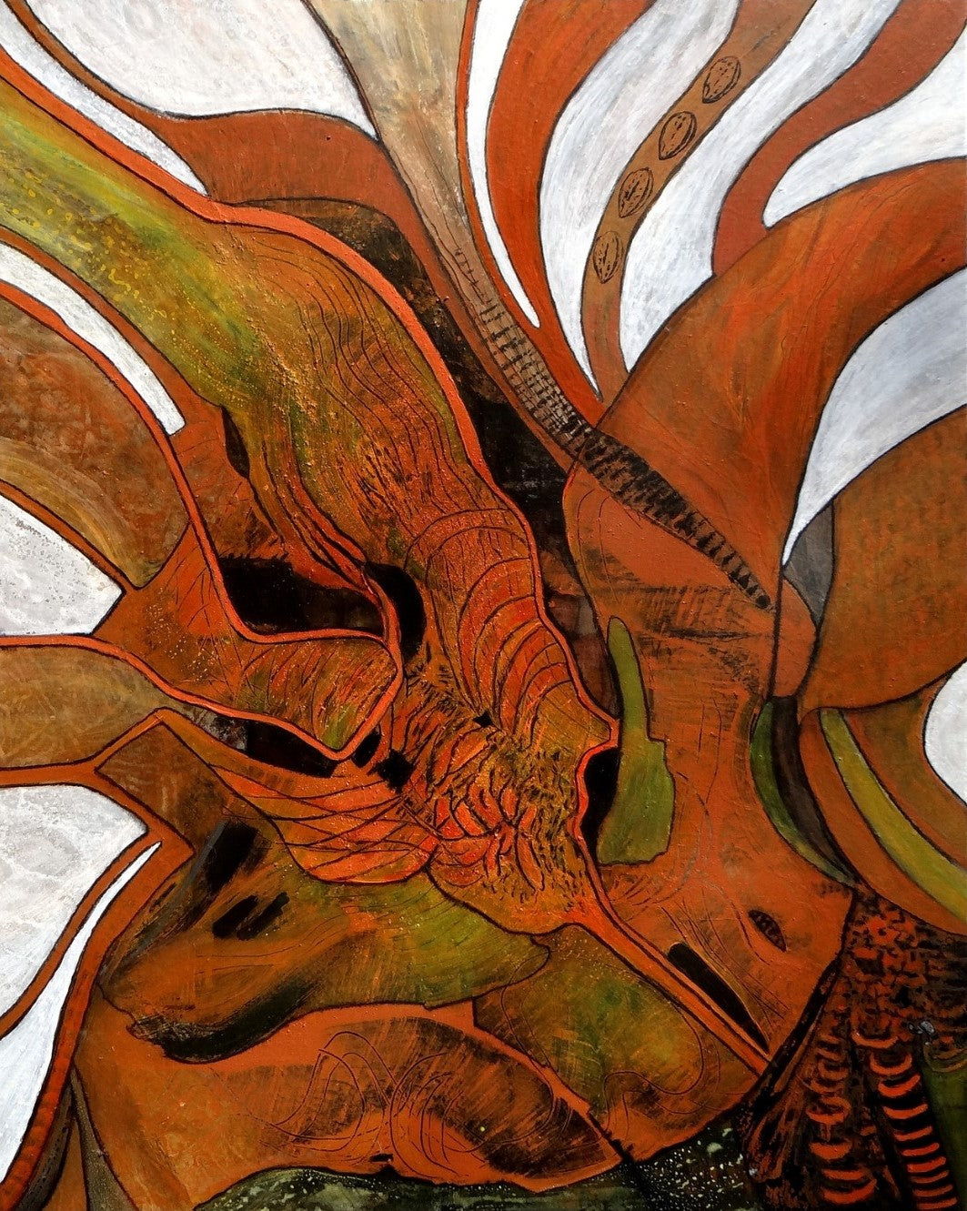 "Stürmische Zeiten" von Ingrid Huober, präsentiert in der Online-Galerie ARTSPACER. Das abstrakte Kunstwerk in Mischtechnik (100x80 cm) zeigt dynamische, organische Formen in warmen Erdtönen, die Bewegung und Energie vermitteln.