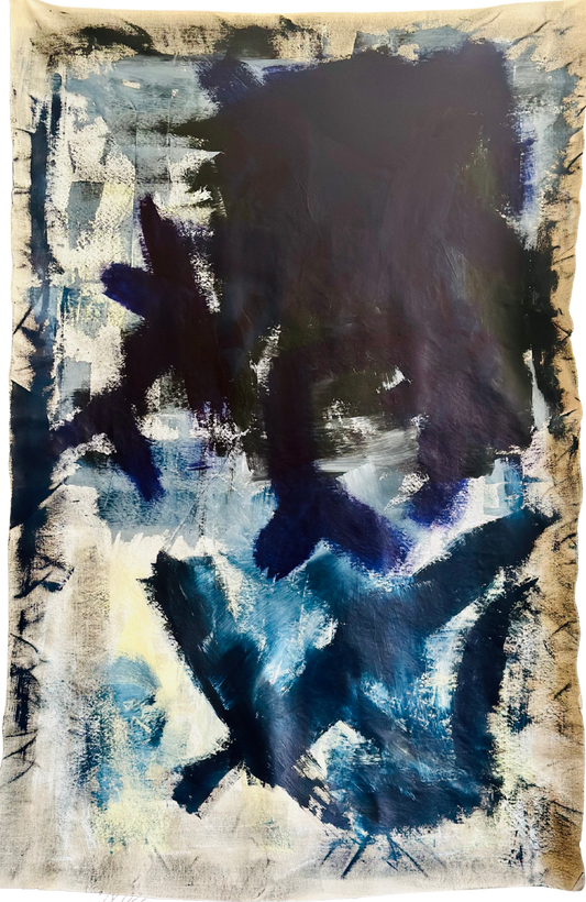 Großformatige abstrakte Acrylmalerei „Apocalypse Now / Die Apokalypse“ von Isabelle Cannas mit dunklen Flächen, leuchtenden Kontrasten und expressiven Farbspuren.