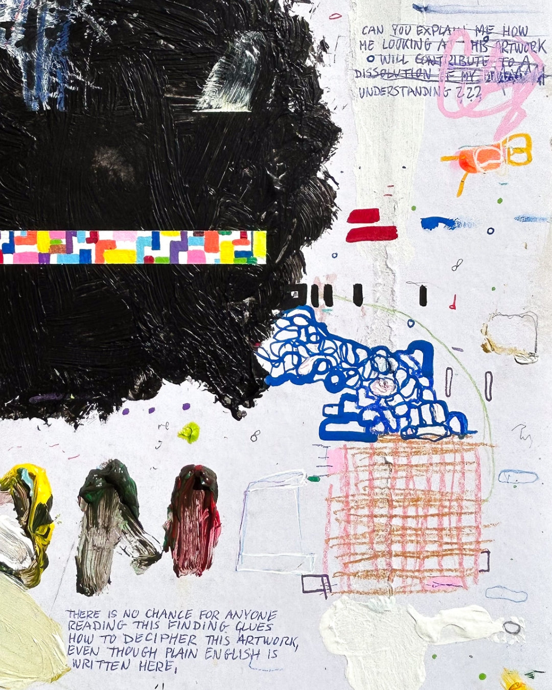 ART_090624 von Jens Joneleit, Mixed‑Media‑Unikat auf Papier 30 × 24 cm, abstrakte farbintensive Komposition mit gestischen Schichtungen und strukturierten Details | ARTSPACER
