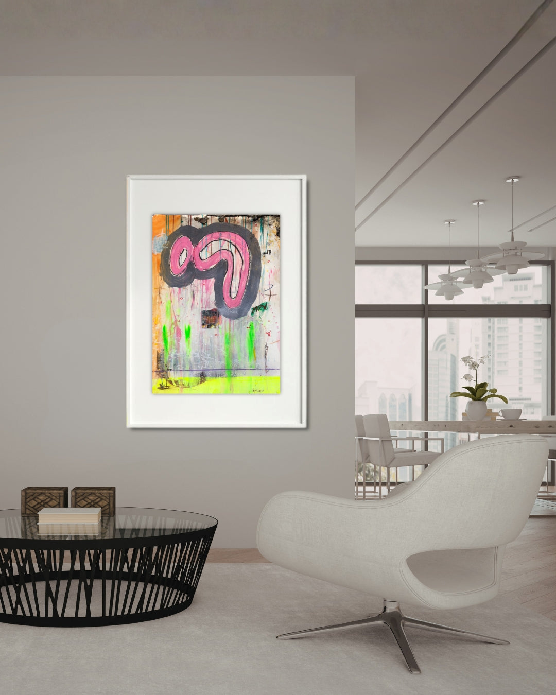 BLOG REVERSED 01 von Jens Joneleit, Mixed‑Media‑Unikat auf Papier 70 × 50 cm; rosa Form mit grauer Kontur, Neon‑grüne Drips, gelbes Band, Collage‑Fragment | ARTSPACER