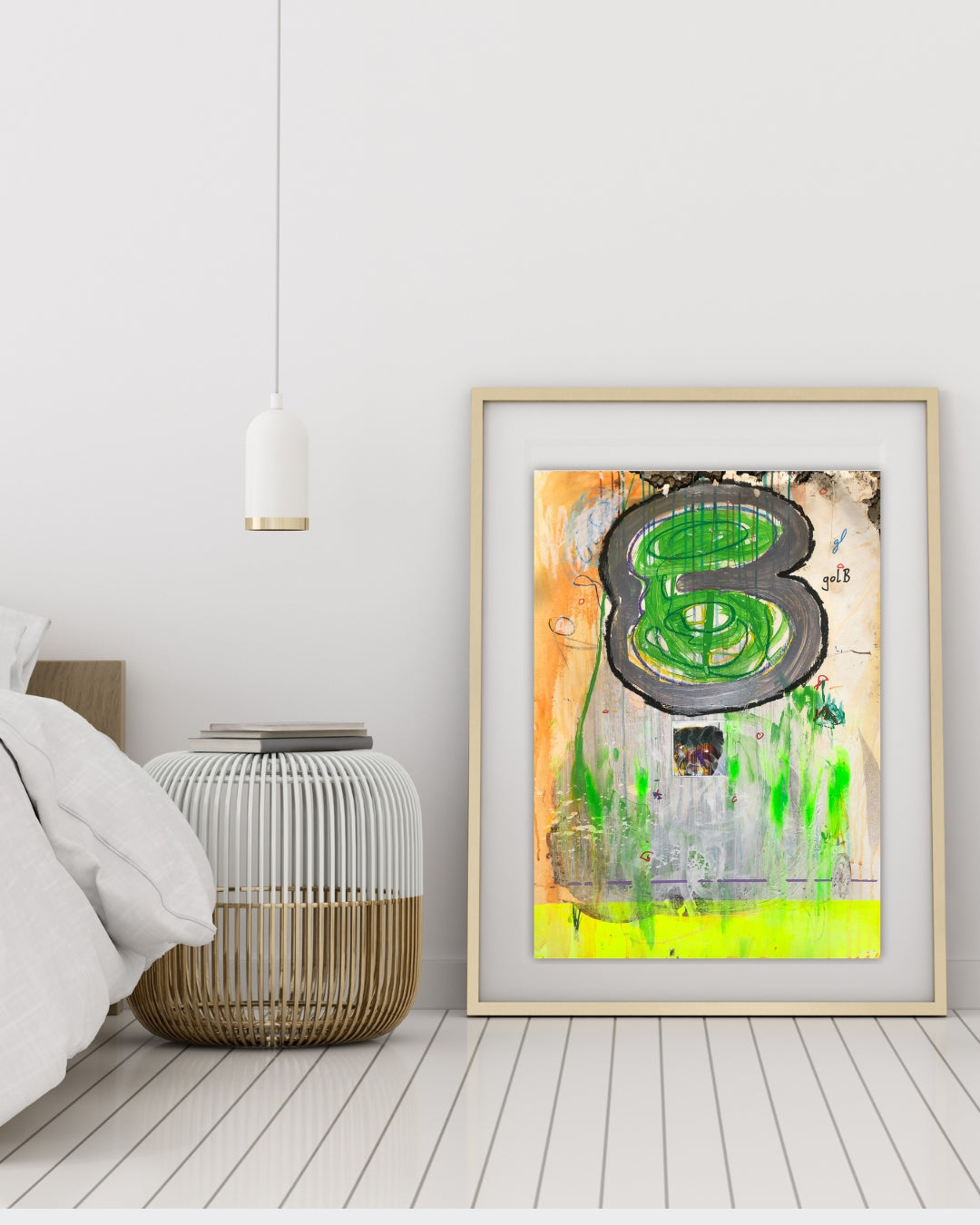 BLOG REVERSED 02 von Jens Joneleit, Mixed‑Media‑Unikat auf Papier 70 × 50 cm; grüner Formzug mit grauer Kontur, Neon‑Akzente, Collage, malerische Schichtungen | ARTSPACER