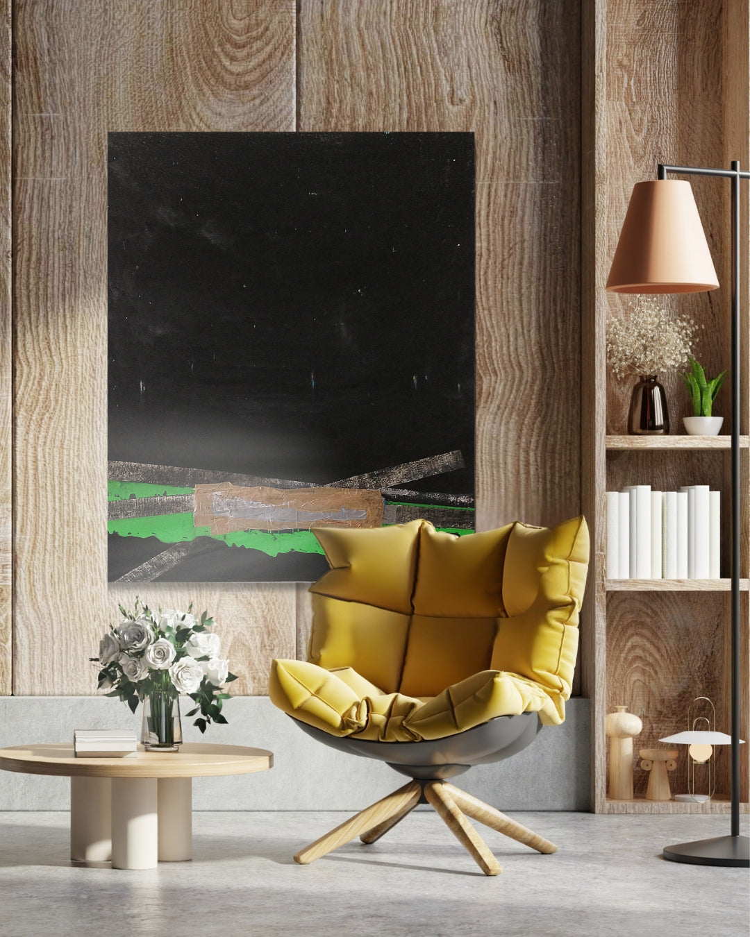 C.M.D. von Jens Joneleit, Mixed‑Media‑Unikat auf Leinwand 120 × 100 cm; nahezu schwarzes Großfeld, unten grüne Zone mit querliegenden silbrigen Balken und zentralem, bandartig aufgebautem Materialkörper | ARTSPACER