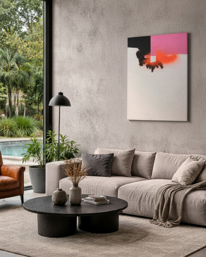 CWM 1 von Jens Joneleit, Mixed‑Media‑Unikat auf Leinwand 120 × 100 cm; oben schwarze Horizontale mit pinkem, kantigem Einsatz und glühendem Orange; darunter großflächiges, strukturiertes Weißfeld | ARTSPACER