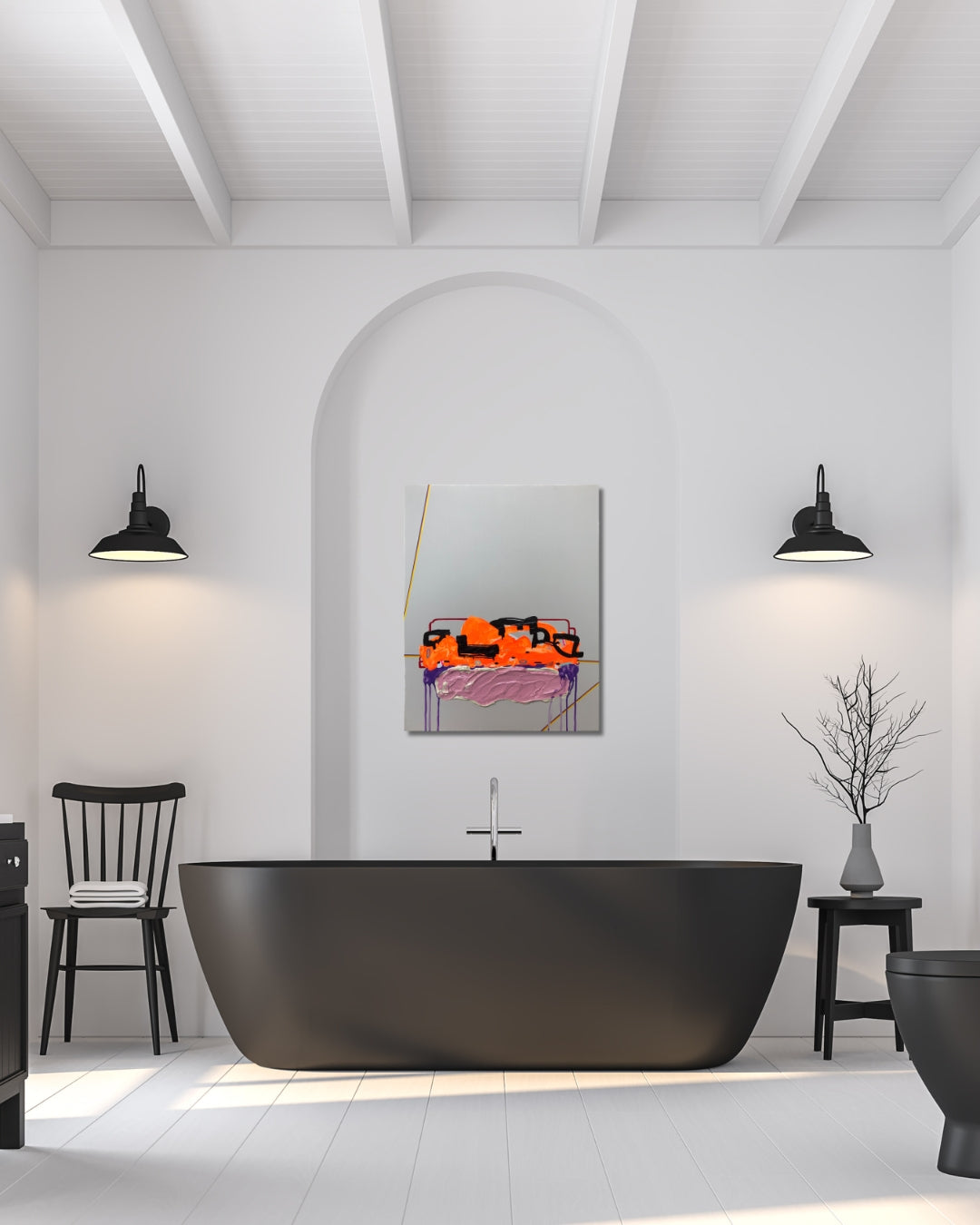 FERAL GRAVITY 02 von Jens Joneleit, Mixed‑Media‑Unikat auf Leinwand 50 × 40 cm; neonoranger Formkörper auf hellgrau, schwarze Akzente, rote Konturen, lavendel‑Violett mit Tropfspuren, diagonale gelbe Linien | ARTSPACER