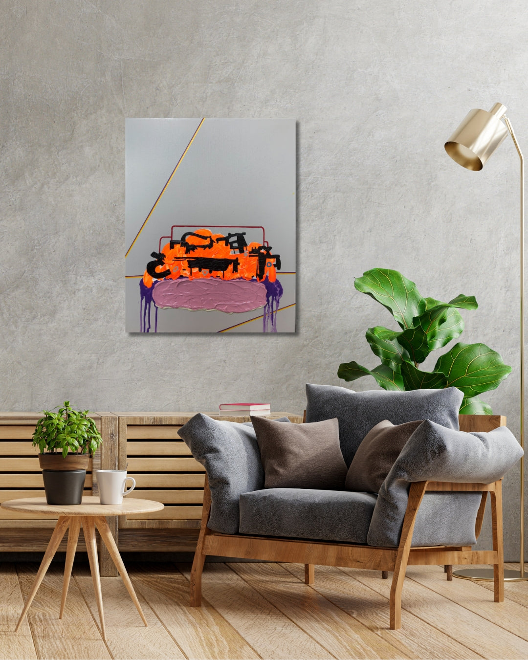 FERAL GRAVITY 04 von Jens Joneleit, Mixed‑Media‑Unikat auf Leinwand 50 × 40 cm; neonoranger Farbkörper auf hellgrau, schwarze Gesten, rote Konturen, lavendelfarbenes Oval mit violetten Tropfspuren, diagonale gelbe Linien | ARTSPACER