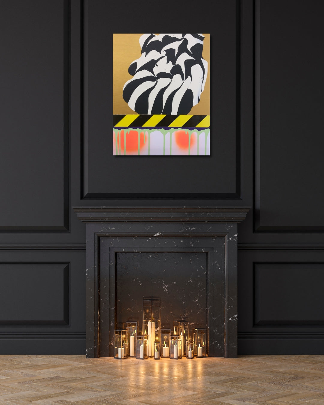 PTG 082714_g von Jens Joneleit, Mixed‑Media‑Unikat auf Leinwand 50 × 40 cm; goldene Oberzone mit reliefiertem Schwarz/Elfenbein‑Formkörper, schwarz‑gelbe Schwelle; darunter vertikale Neon‑Grün‑Läufe und orangefarbene Halos | ARTSPACER