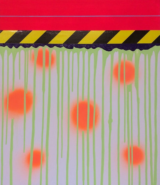 UNDONE 05 von Jens Joneleit, Mixed‑Media‑Unikat auf Leinwand 70 × 60 cm; rotes Ober‑Register mit feiner Linie, schwarz‑gelbes Signalband, reliefierte Abschlusskante; darunter neon‑grüne Farbläufe und fünf orangefarbene Halos auf hellem Grund | ARTSPACER