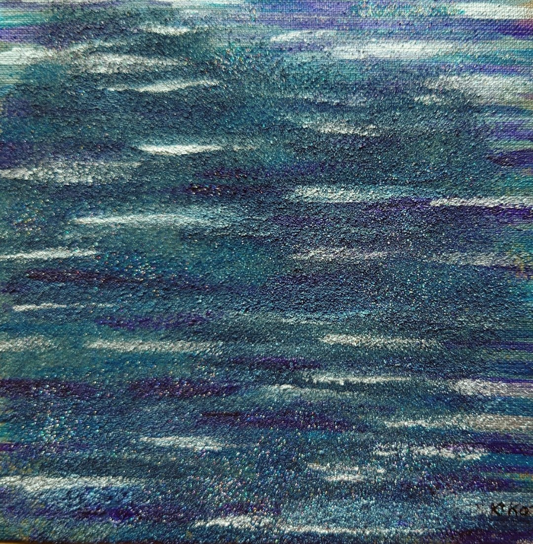 Abysse (Tiefsee)“ – Mischtechnik, 20 × 20 cm; changierende Tiefsee‑Anmutung, funkelt je nach Licht.